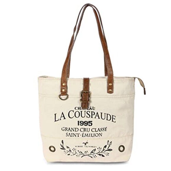 Upcycled Canvas Leather Tote Bag Boho Retro Shoulder Bag Spacious Travel - Picture 2 of 8